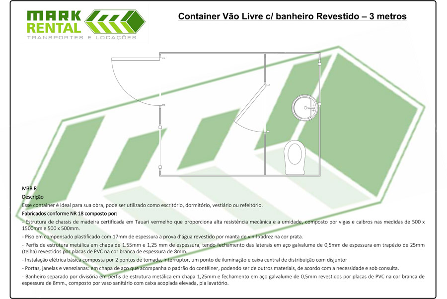 Contêiner Vão Livre c/ Banheiro Revestido - 3 metros 